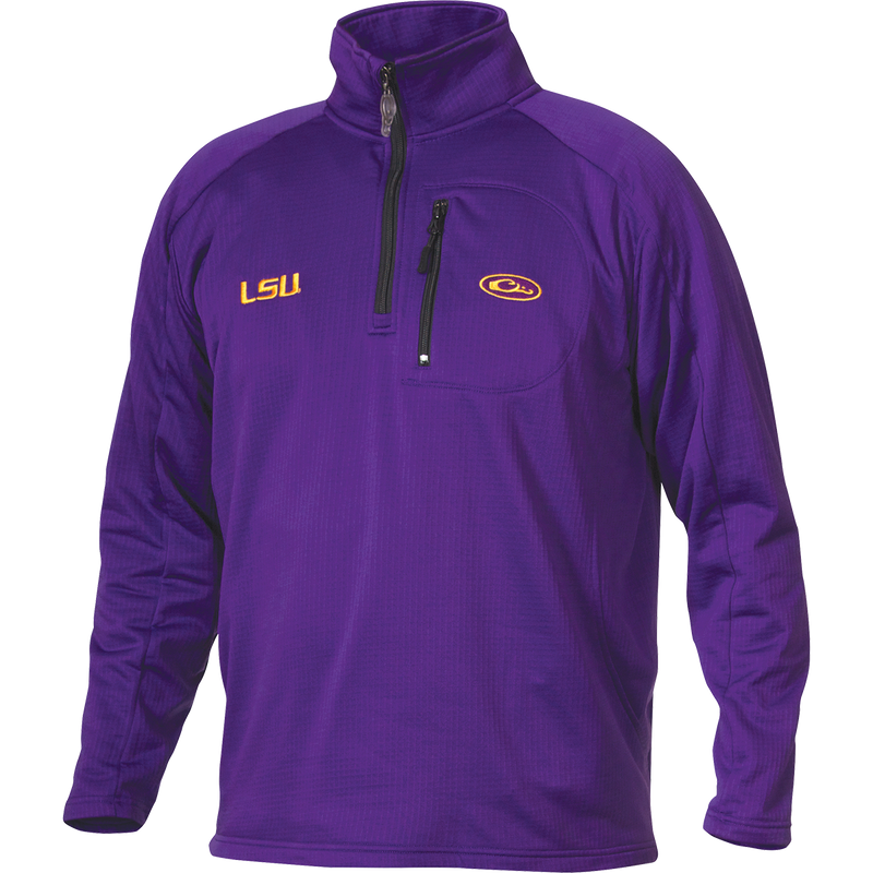A purple jacket with LSU logo embroidery on the right chest, featuring a 1/4 zip design and a vertical front chest zippered pocket. Made of 100% polyester with 4-way stretch and square check fleece backing. Ideal for active outdoorsmen in cool weather.