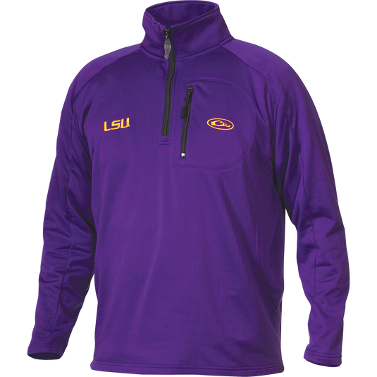 A purple jacket with LSU logo embroidery on the right chest, featuring a 1/4 zip design and a vertical front chest zippered pocket. Made of 100% polyester with 4-way stretch and square check fleece backing. Ideal for active outdoorsmen in cool weather.