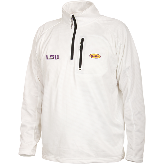 A white LSU Breathelite 1/4 Zip jacket with LSU logo embroidery on the right chest. Features a close-up of a zipper and a vertical front chest zippered pocket. Ideal for active outdoorsmen in cool weather. Made of 100% polyester with 4-way stretch and square check fleece backing.