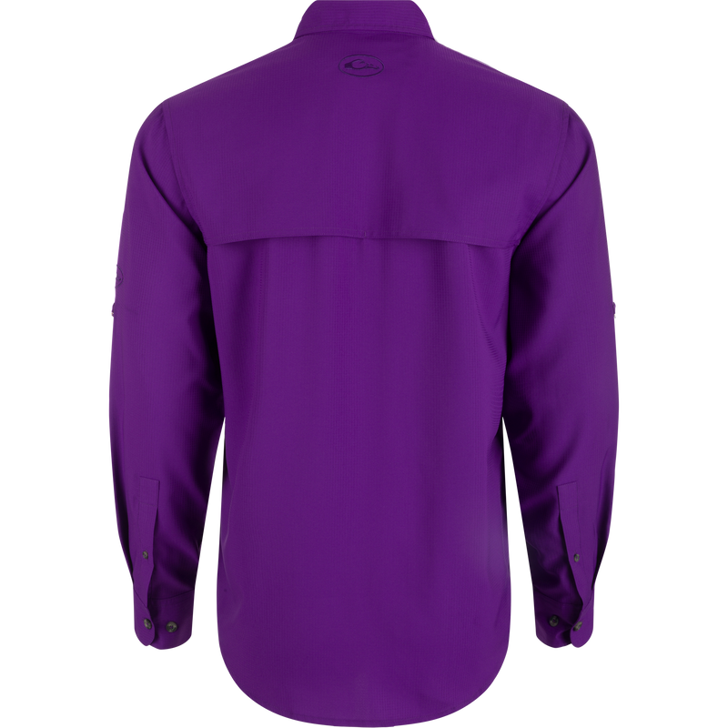 LSU Frat Dobby Long Sleeve Shirt, a performance top with hidden collar, vented back, and adjustable sleeves.