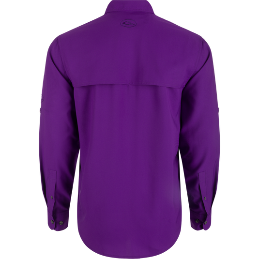 LSU Frat Dobby Long Sleeve Shirt, a performance top with hidden collar, vented back, and adjustable sleeves.
