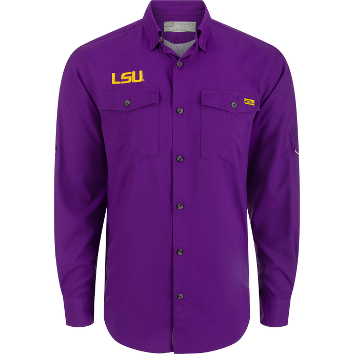LSU Frat Dobby Long Sleeve Shirt with hidden collar, vented back, and button pockets. Featherweight, moisture-wicking, and UPF30.