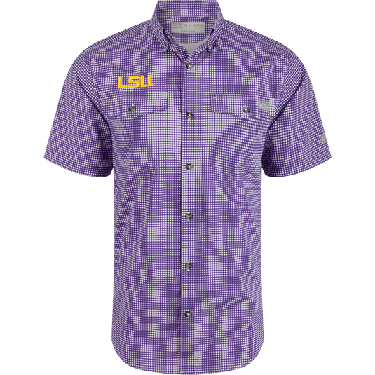 LSU Frat Gingham Shirt with hidden collar, chest pockets, and vented back. Lightweight, stretchy, and sun-protective.