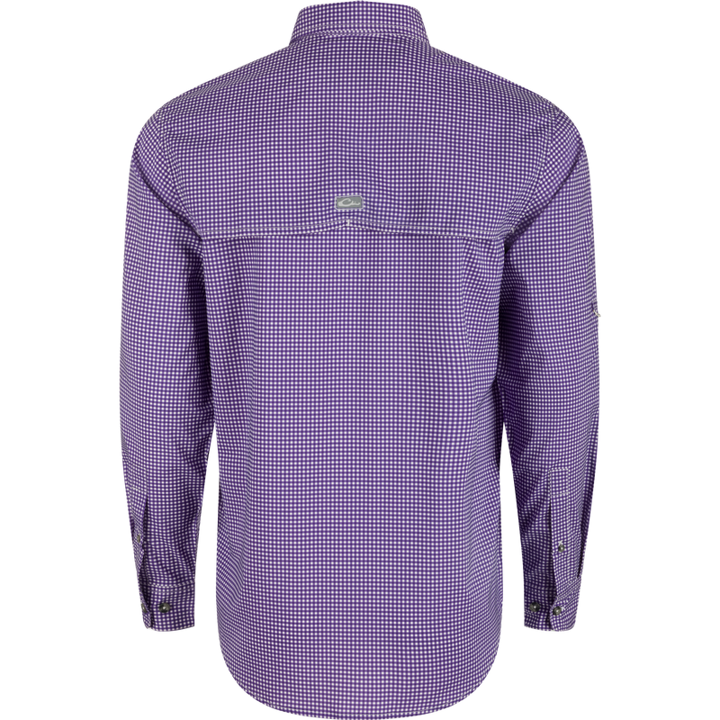 LSU Frat Gingham shirt with hidden collar, chest pockets, and adjustable sleeves. Lightweight, stretchy, and moisture-wicking fabric.