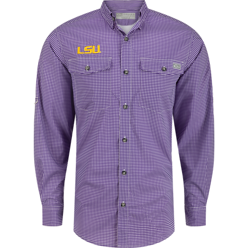 LSU Frat Gingham shirt with hidden collar, chest pockets, and adjustable sleeves. Lightweight, moisture-wicking, and UPF30 for sun protection.