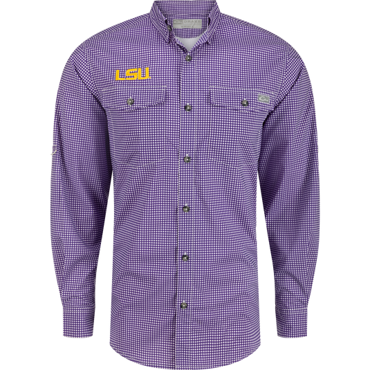 LSU Frat Gingham shirt with hidden collar, chest pockets, and adjustable sleeves. Lightweight, moisture-wicking, and UPF30 for sun protection.