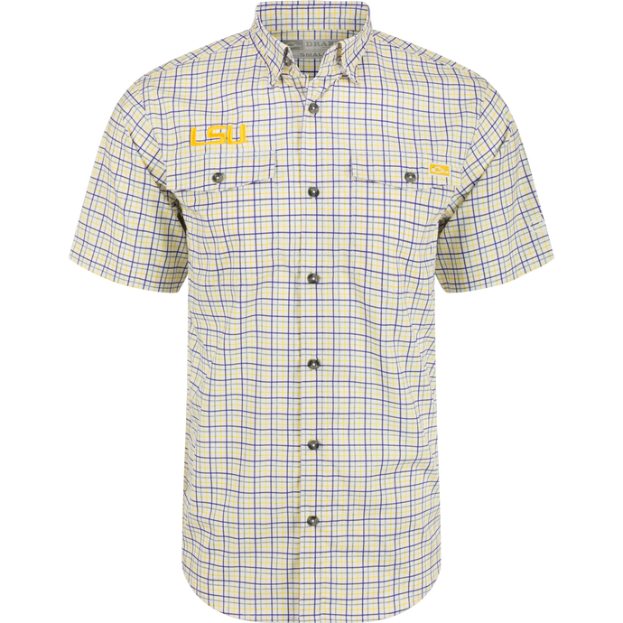 LSU Frat Tattersall Short Sleeve Shirt, featuring a plaid pattern, hidden button-down collar, and vented cape back. Lightweight, moisture-wicking fabric with UPF30 sun protection.