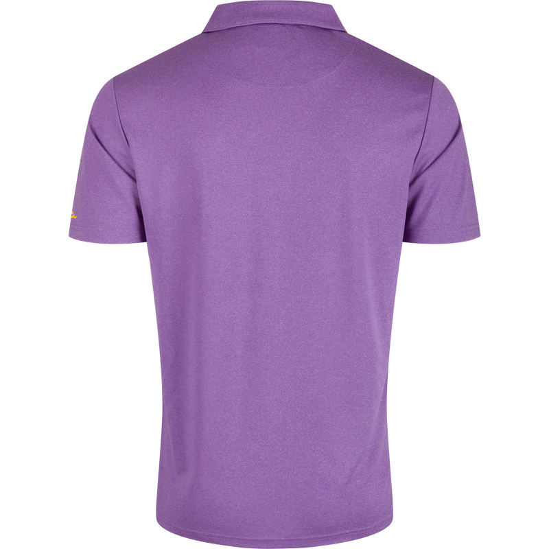 LSU Vintage Heather Polo, a four-way stretch shirt with a vintage heather finish. Quick-drying, moisture-wicking, and breathable for ultimate comfort. Features the official LSU logo on the left chest. Perfect for tailgating and celebrating.