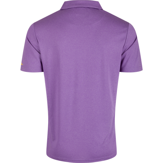 LSU Vintage Heather Polo, a four-way stretch shirt with a vintage heather finish. Quick-drying, moisture-wicking, and breathable for ultimate comfort. Features the official LSU logo on the left chest. Perfect for tailgating and celebrating.