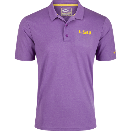 LSU Vintage Heather Polo with yellow logo on left chest, four-way stretch, quick-drying, moisture-wicking, and breathable fabric. Perfect for Tiger fans.
