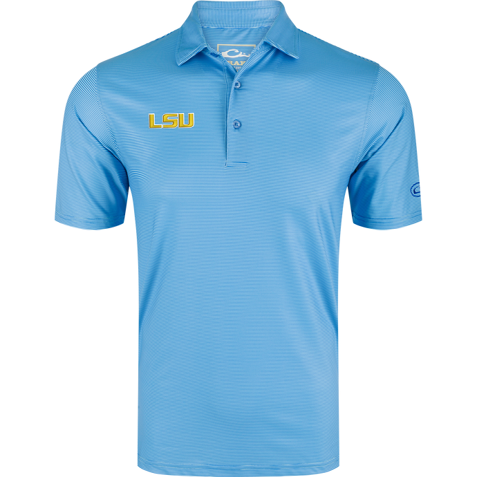 Light-blue LSU Chalk Stripe Polo with gold LSU embroidery, featuring fine white pin-stripes, three-button placket, and performance fabric for sun protection and comfort.