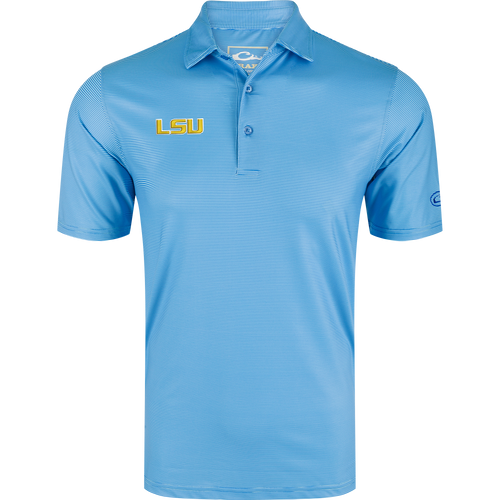 Light-blue LSU Chalk Stripe Polo with gold LSU embroidery, featuring fine white pin-stripes, three-button placket, and performance fabric for sun protection and comfort.