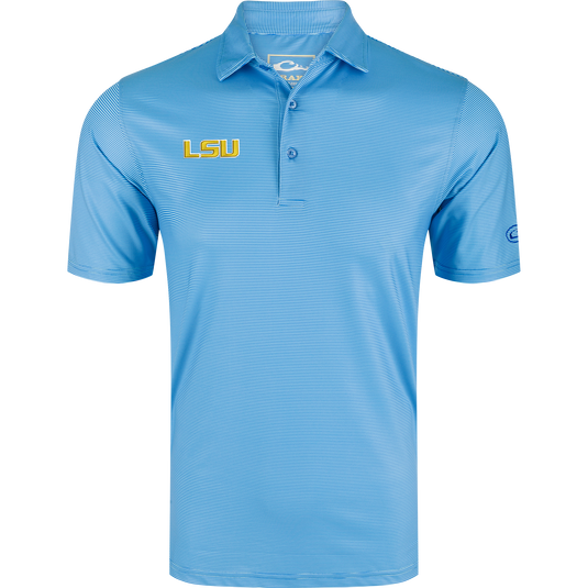 Light-blue LSU Chalk Stripe Polo with gold LSU embroidery, featuring fine white pin-stripes, three-button placket, and performance fabric for sun protection and comfort.