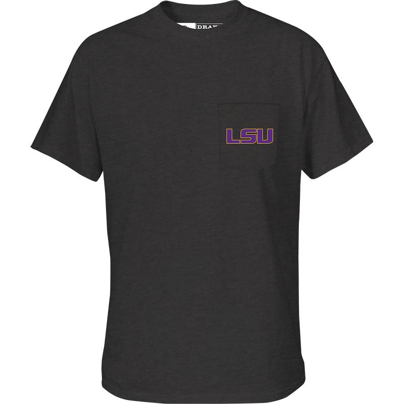 LSU Beach T-Shirt with school logo on chest pocket and beach scene on back. Cotton/poly blend tee for game day colors. Final Sale.