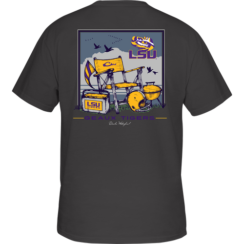 LSU Beach T-Shirt: Back of a t-shirt with a picnic table, flag, and beach scene featuring your school's logo. Front left chest has your school's logo on a pocket.