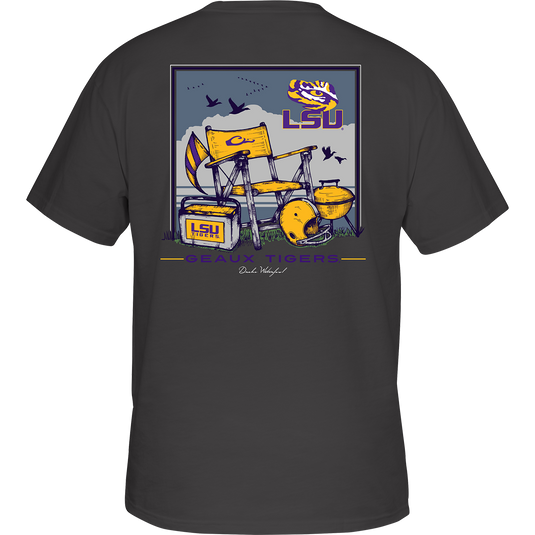 LSU Beach T-Shirt: Back of a t-shirt with a picnic table, flag, and beach scene featuring your school's logo. Front left chest has your school's logo on a pocket.