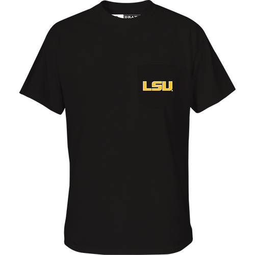 LSU Saturdays T-Shirt: A black shirt with a stylized logo saying 