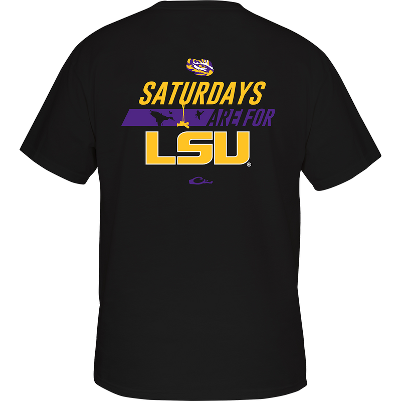 LSU Saturdays T-Shirt: Back of black shirt with stylized yellow and purple text featuring school logo. Front chest pocket displays Drake logo in school colors.
