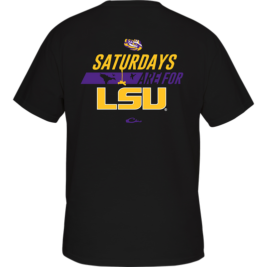 LSU Saturdays T-Shirt: Back of black shirt with stylized yellow and purple text featuring school logo. Front chest pocket displays Drake logo in school colors.