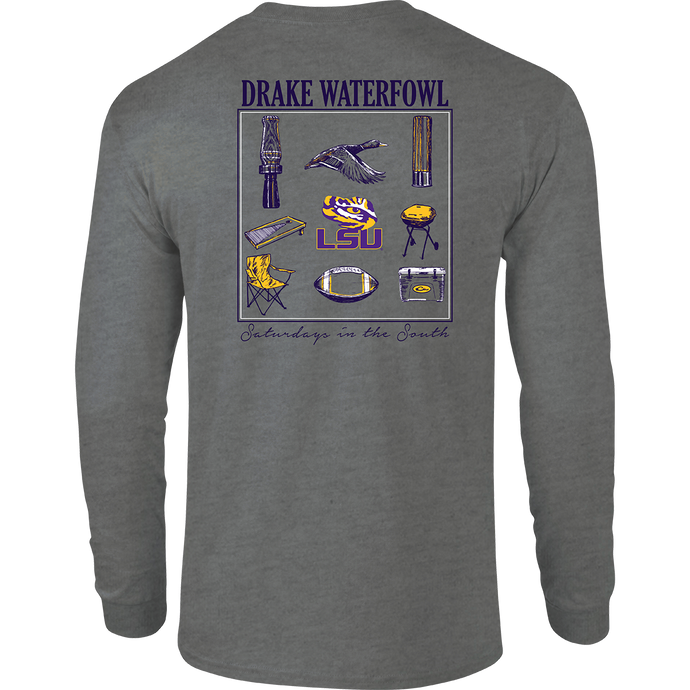LSU Sportsman T-Shirt: Back of a grey shirt with a stylized scene showcasing items used on 