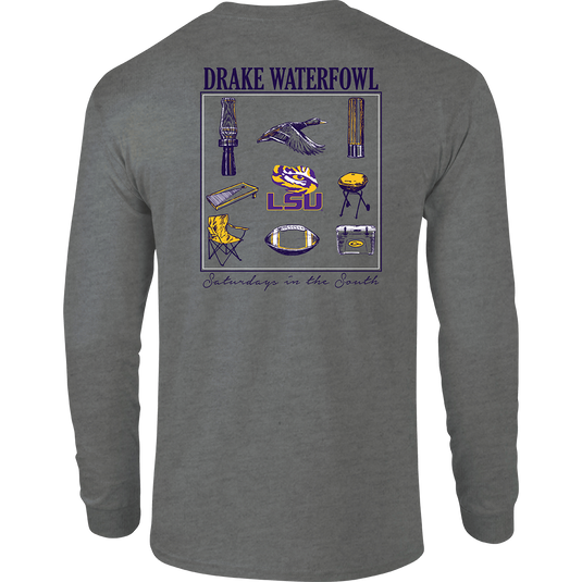 LSU Sportsman T-Shirt: Back of a grey shirt with a stylized scene showcasing items used on "Saturdays in the South" and your school's logo. Front features your school's logo on the chest pocket.