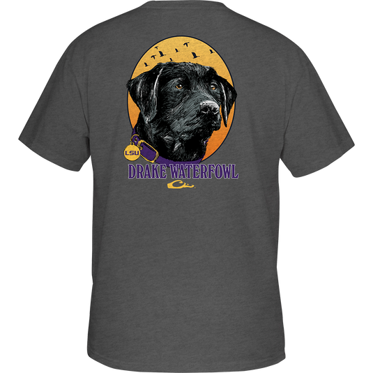 LSU Drake Lab T-Shirt: Back view of a grey shirt with a dog logo pocket. Lightweight and comfortable, perfect for any occasion.