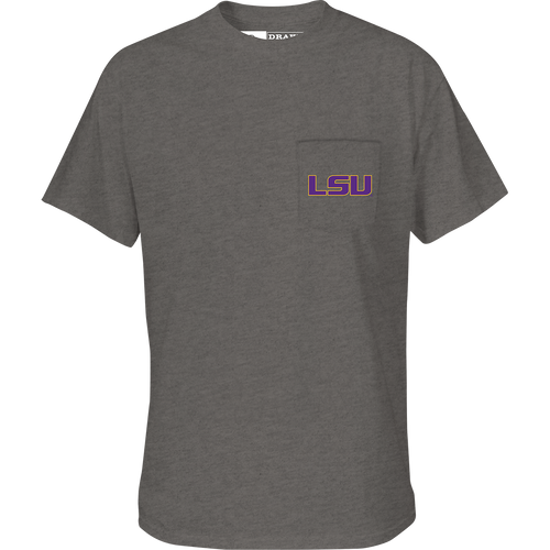 LSU Drake Tailgate T-Shirt: a grey t-shirt with a logo on it