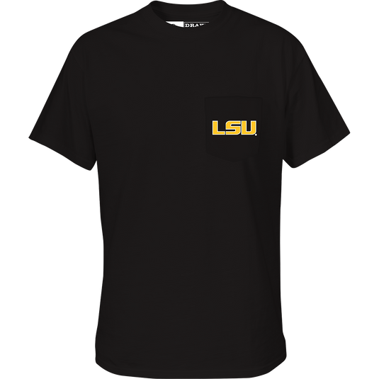 LSU Drake Badge T-Shirt with logo on black fabric, featuring a pocket on the front. Lightweight and comfortable blend of cotton and polyester. Perfect for showing off your LSU pride during game day activities.