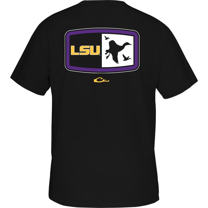 LSU Drake Badge T-Shirt: Back view of a black shirt with a logo featuring birds in flight. Lightweight blend of cotton and polyester with a front pocket. Perfect for showing off your LSU pride during game day activities.