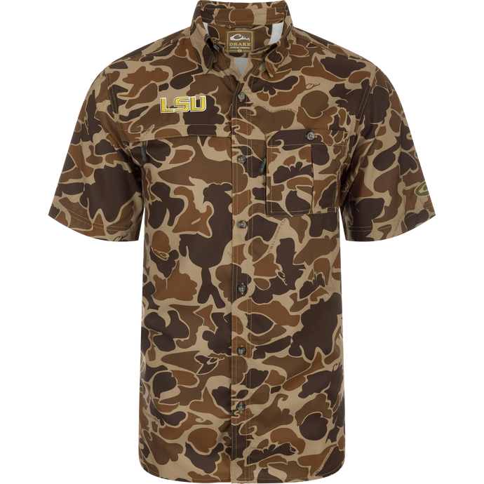 LSU 8-Shot Short Sleeve Shirt with camo print, embroidered LSU, two pockets, and Drake Clothing Co. logo, designed for comfort and functionality in outdoor settings.