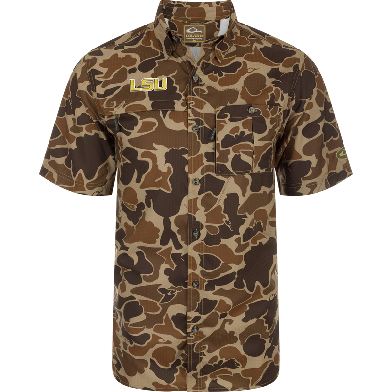 LSU 8-Shot Short Sleeve Shirt with camo print, embroidered LSU, two pockets, and Drake Clothing Co. logo, designed for comfort and functionality in outdoor settings.