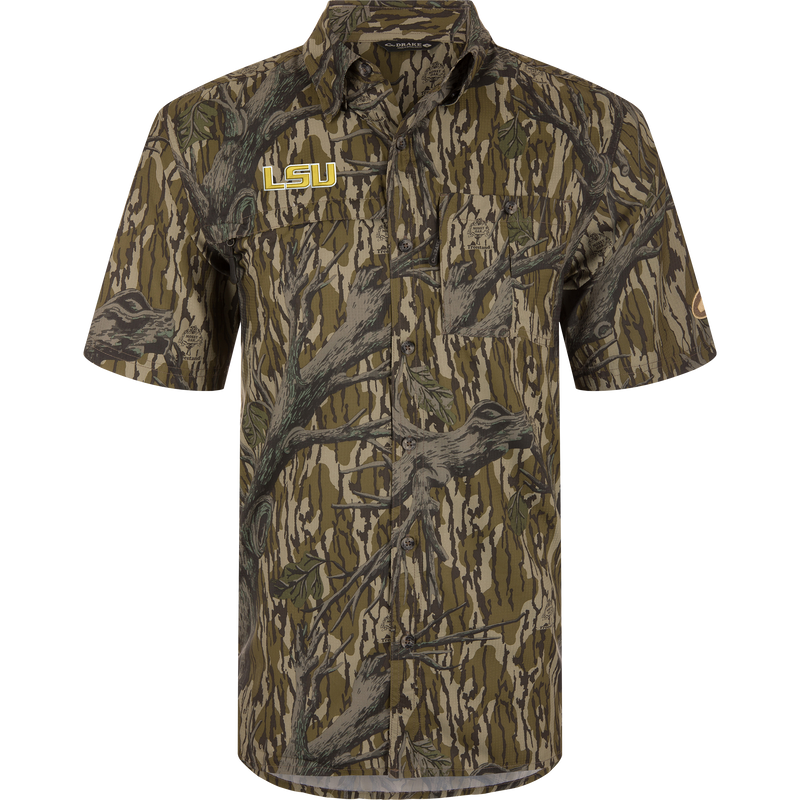 LSU 8-Shot Short Sleeve Shirt in tree-bark camo, featuring an LSU logo and Drake label, with moisture-wicking fabric and sun protection.