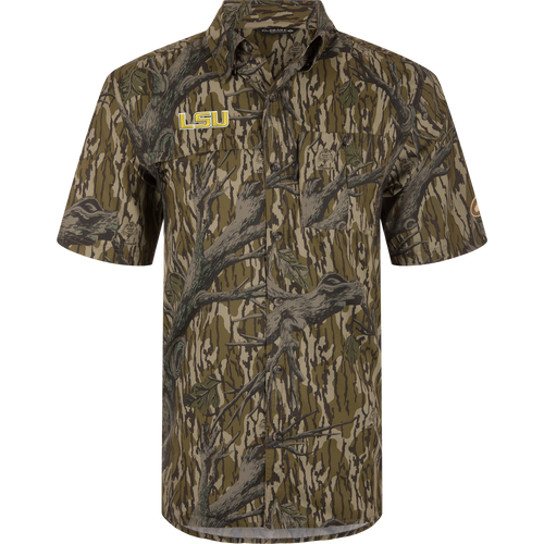 LSU 8-Shot Short Sleeve Shirt in tree-bark camo, featuring an LSU logo and Drake label, with moisture-wicking fabric and sun protection.