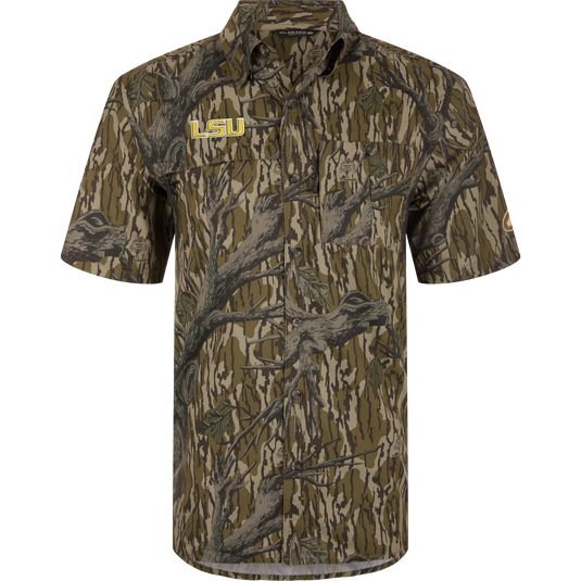 LSU 8-Shot Short Sleeve Shirt in tree-bark camo, featuring an LSU logo and Drake label, with moisture-wicking fabric and sun protection.