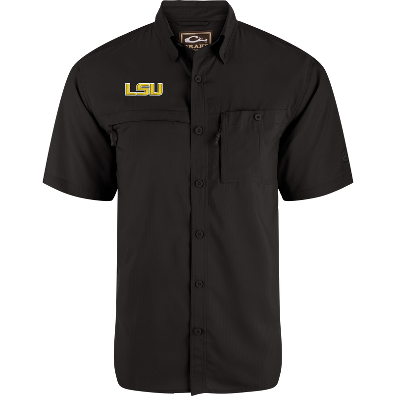 LSU 8-Shot Short Sleeve Shirt, black with gold LSU logo, featuring vented back, chest pockets with hidden zippers, and moisture-wicking, quick-drying fabric.