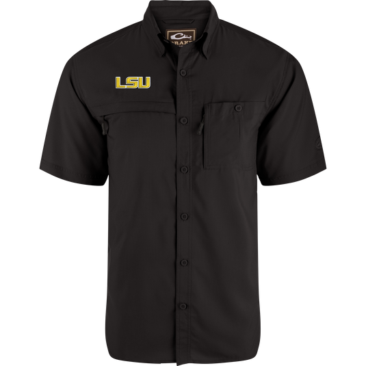 LSU 8-Shot Short Sleeve Shirt, black with gold LSU logo, featuring vented back, chest pockets with hidden zippers, and moisture-wicking, quick-drying fabric.