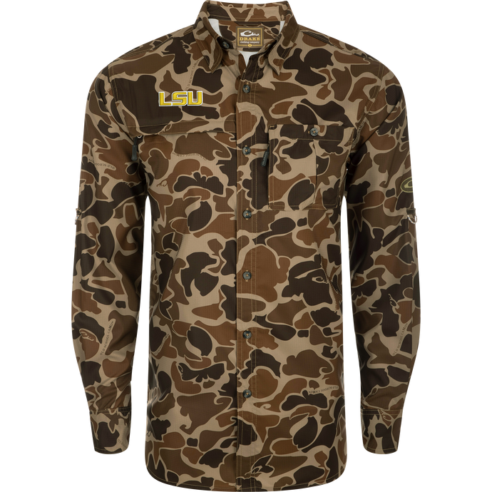 LSU 8-Shot Long Sleeve Shirt featuring duck hunter camo, embroidered LSU logo, two chest pockets, lightweight fabric, UPF 30 sun protection, and vented cape back.