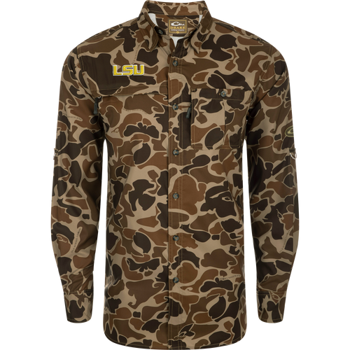 LSU 8-Shot Long Sleeve Shirt featuring duck hunter camo, embroidered LSU logo, two chest pockets, lightweight fabric, UPF 30 sun protection, and vented cape back.