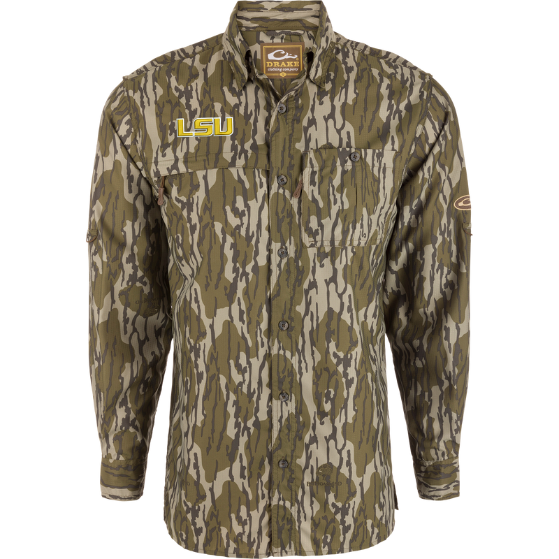 LSU 8-Shot Long Sleeve Shirt with camo pattern, featuring LSU patch, vented cape back, and dual chest pockets, ideal for outdoor activities.
