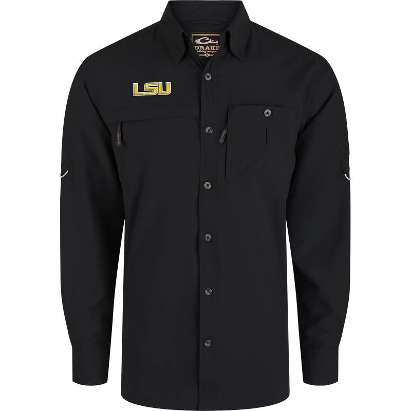 LSU 8-Shot Long Sleeve Shirt with LSU logo, featuring snap pockets, hidden zippers, vented back. Ideal for outdoor activities with moisture-wicking and sun protection.