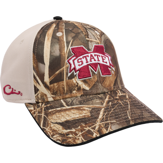 Structured Mississippi State Max-7 Twill Cap in Realtree Max 7 Camo pattern. Features 3D embroidered college logo, X-Peak visor, and adjustable closure. Ideal for hunting and outdoor enthusiasts.