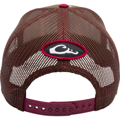A Mississippi State Bottomland Mesh Back Cap by Drake Waterfowl, featuring Mossy Oak Bottomland Camo pattern, embroidered college logo, structured crown, mesh back, and adjustable snap-back closure.