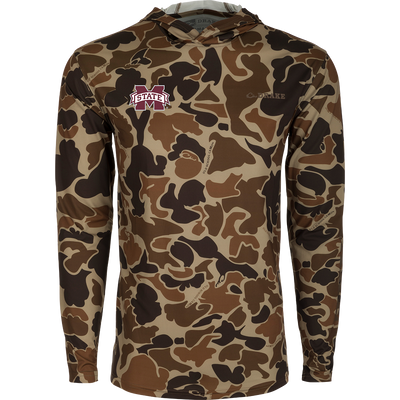 Mississippi State Performance Long Sleeve Camo Hoodie, a versatile lightweight shirt with logo, built-in cooling, UPF 50 sun protection, and moisture-wicking properties.