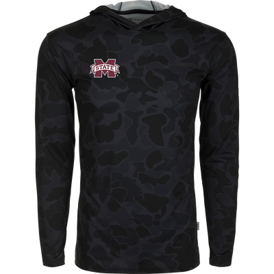 Mississippi State Performance Camo Hoodie with logo, built-in cooling, UPF 50, moisture-wicking, breathable stretch, and quick-drying features. Lightweight and versatile.