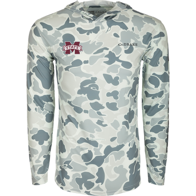 Mississippi State Performance Long Sleeve Camo Hoodie, featuring a logo on a long sleeved shirt. Lightweight, moisture-wicking, and UPF 50 for all-year wear.