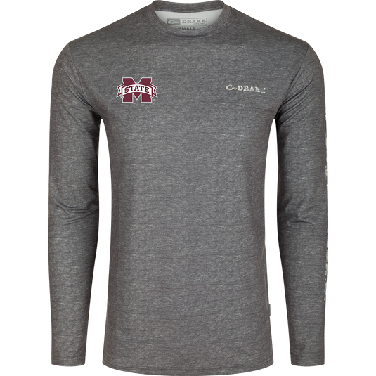 Mississippi State Performance Heather Long Sleeve Crew: A logo shirt with cooling, stretch, UPF 50, moisture-wicking, and quick-drying features. Lightweight and versatile for year-round wear.