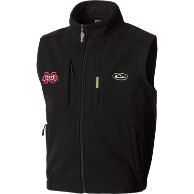 Mississippi State Windproof Layering Vest with M STATE and oval logos, featuring zip-up design, stand-up collar, and multiple pockets for functionality.