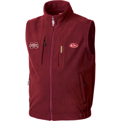Mississippi State Windproof Layering Vest with embroidered logos, full front zipper, chest pockets, and elastic waist. Ideal for outdoor activities, providing warmth without bulk.