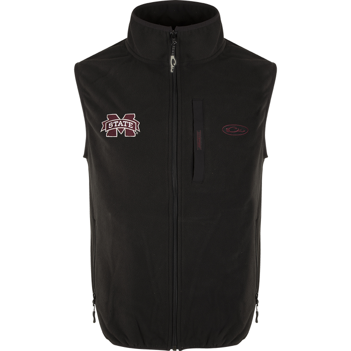 Mississippi State Camp Fleece Vest with windproof barrier and logo embroidery. Stand-up collar, Magnattach™ pocket, and hand warmer pockets.