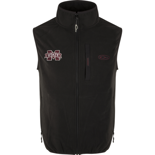 Mississippi State Camp Fleece Vest with windproof barrier and logo embroidery. Stand-up collar, Magnattach™ pocket, and hand warmer pockets.